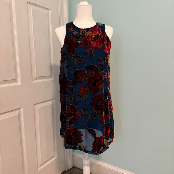 Blue Dress with Firey Red Flowers - Picture 1 of 4